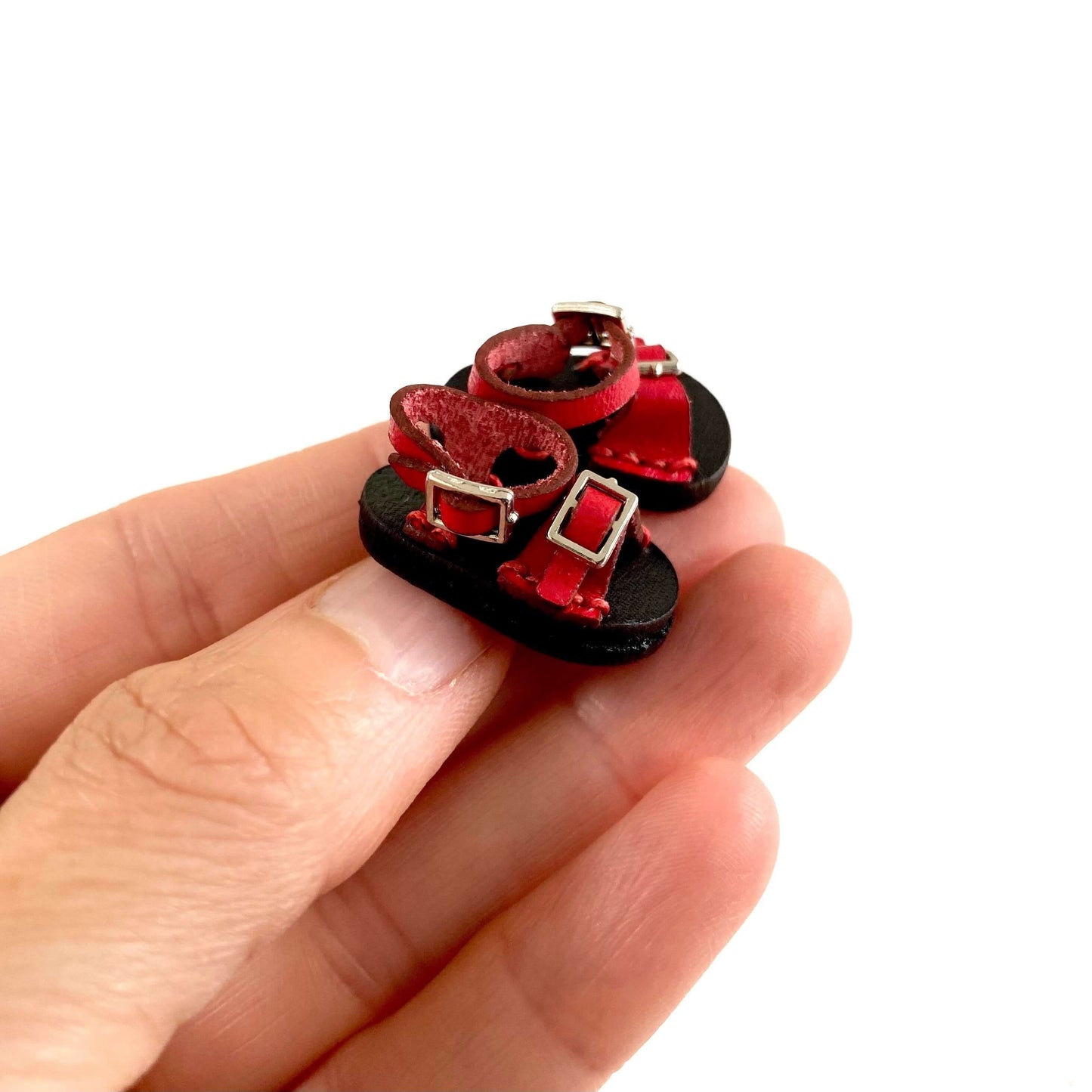 Red leather doll sandals OB11 doll shoes 1/12 shoes - Blacksparrowuk