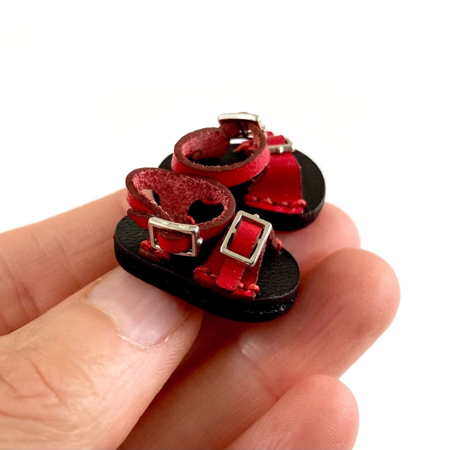 Red leather doll sandals OB11 doll shoes 1/12 shoes - Blacksparrowuk