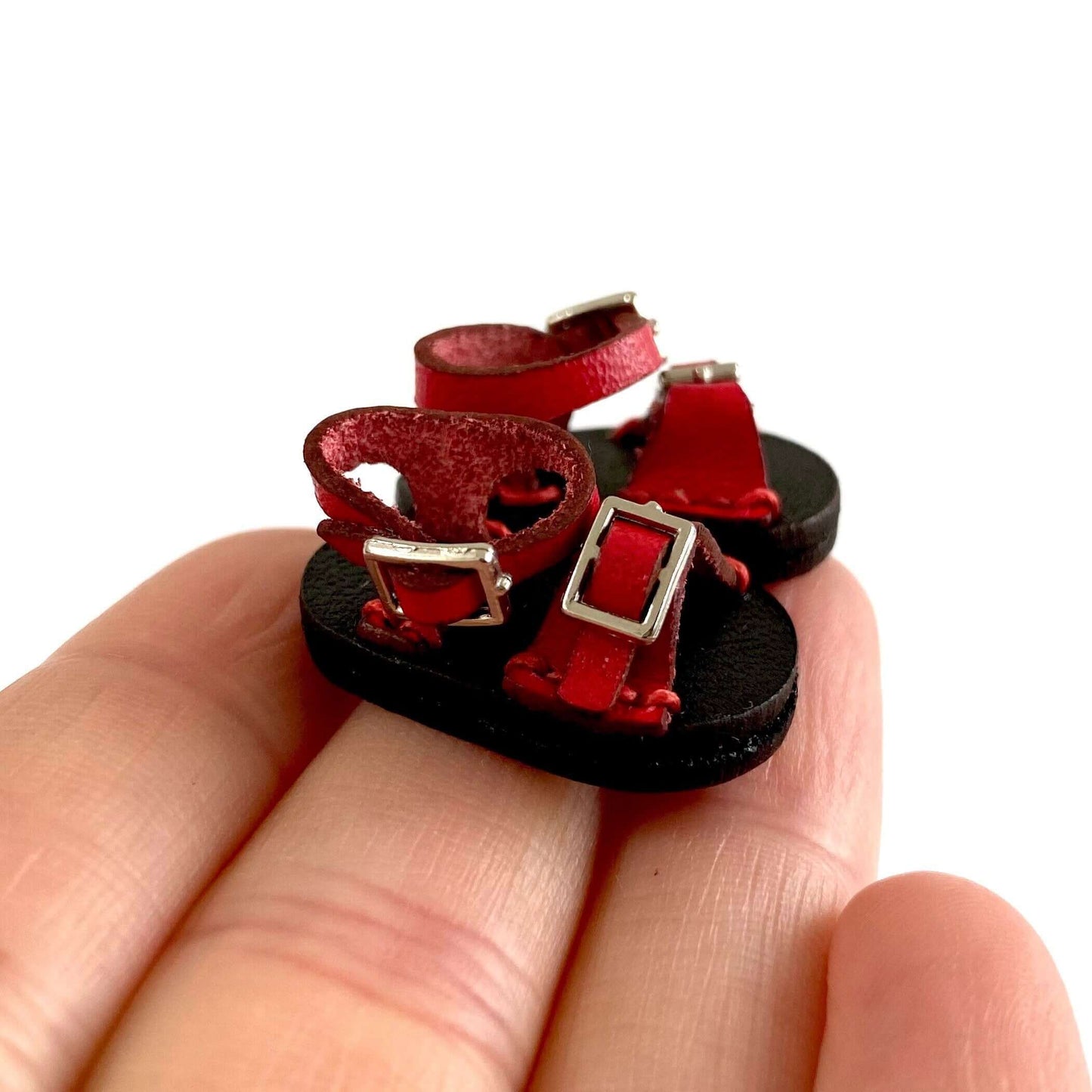 Red leather doll sandals OB11 doll shoes 1/12 shoes - Blacksparrowuk