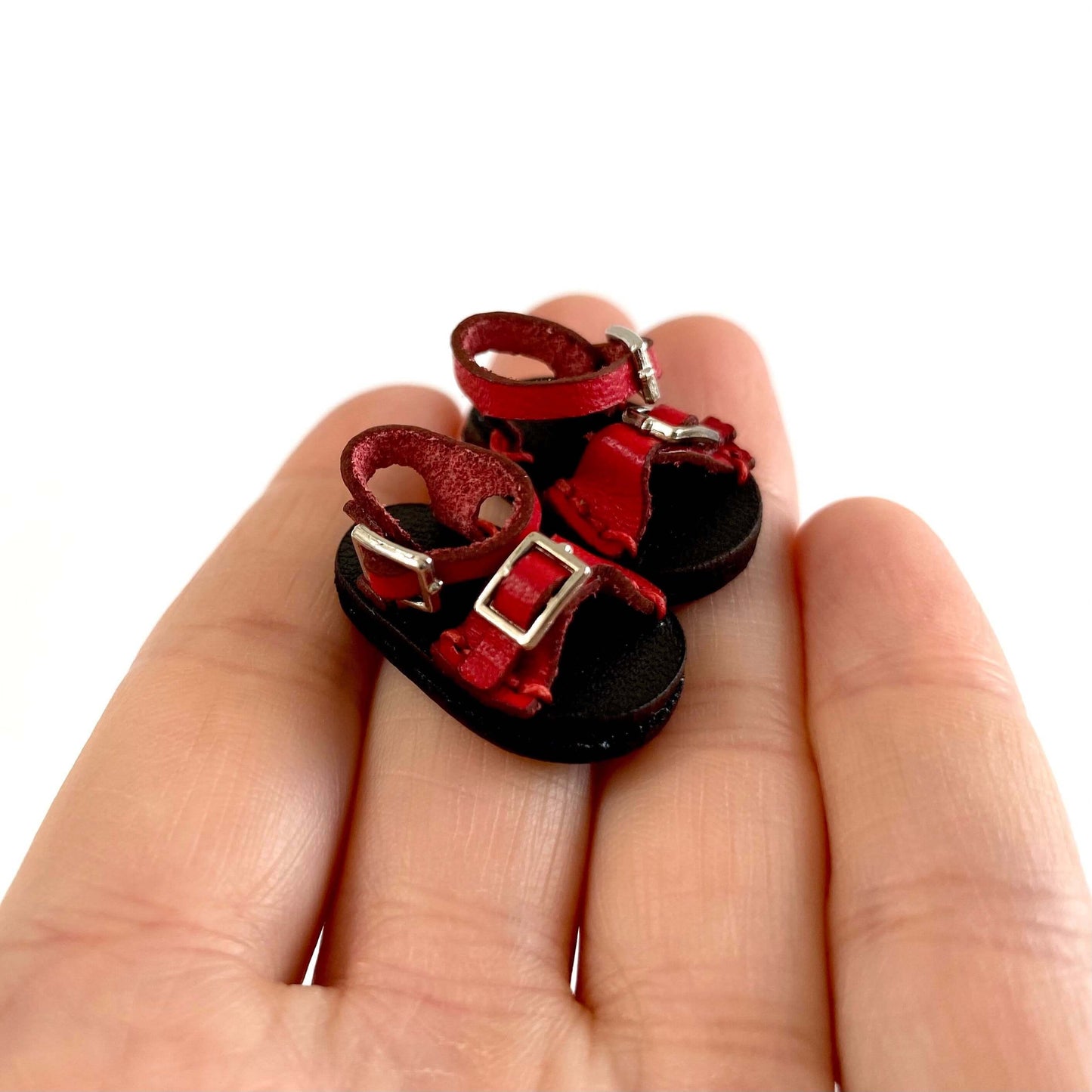 Red leather doll sandals OB11 doll shoes 1/12 shoes - Blacksparrowuk
