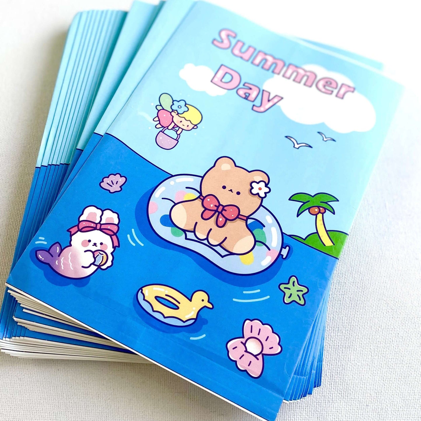 Cute Kawaii party bags Blue Pool Party favours Cute Paper craft bags - Blacksparrowuk