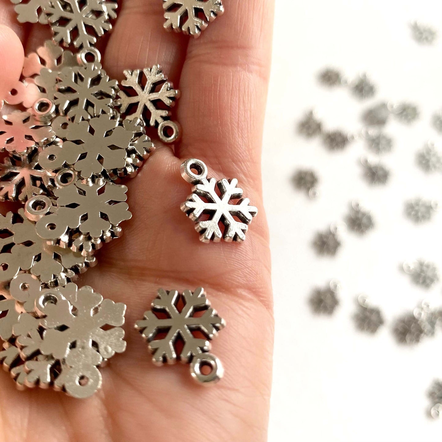 Tiny Silver Snowflake charms Zinc Alloy metal Festive Icicle Christmas pendants - Blacksparrowuk