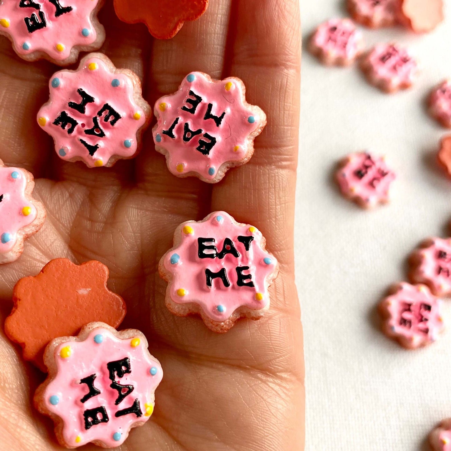 Miniature pink Eat me biscuits resin food - Blacksparrowuk