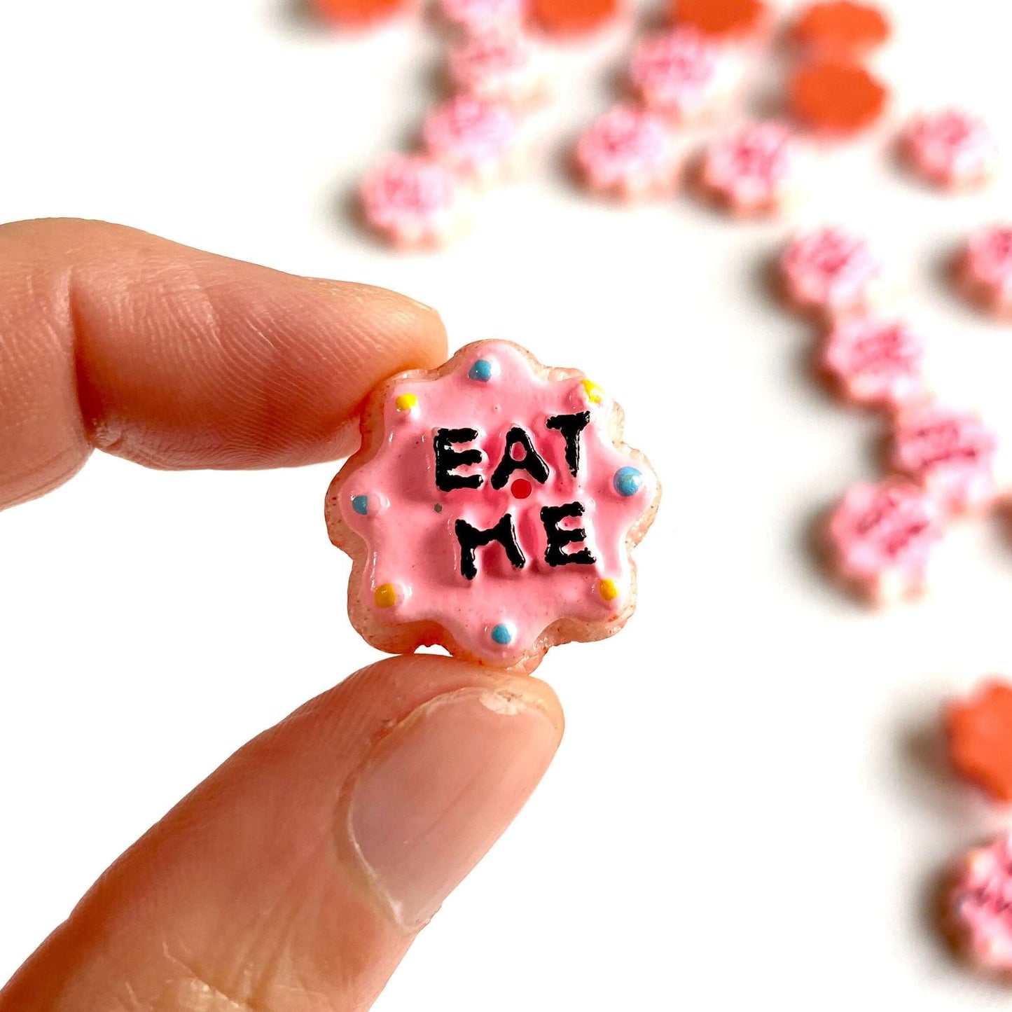 Miniature pink Eat me biscuits resin food - Blacksparrowuk