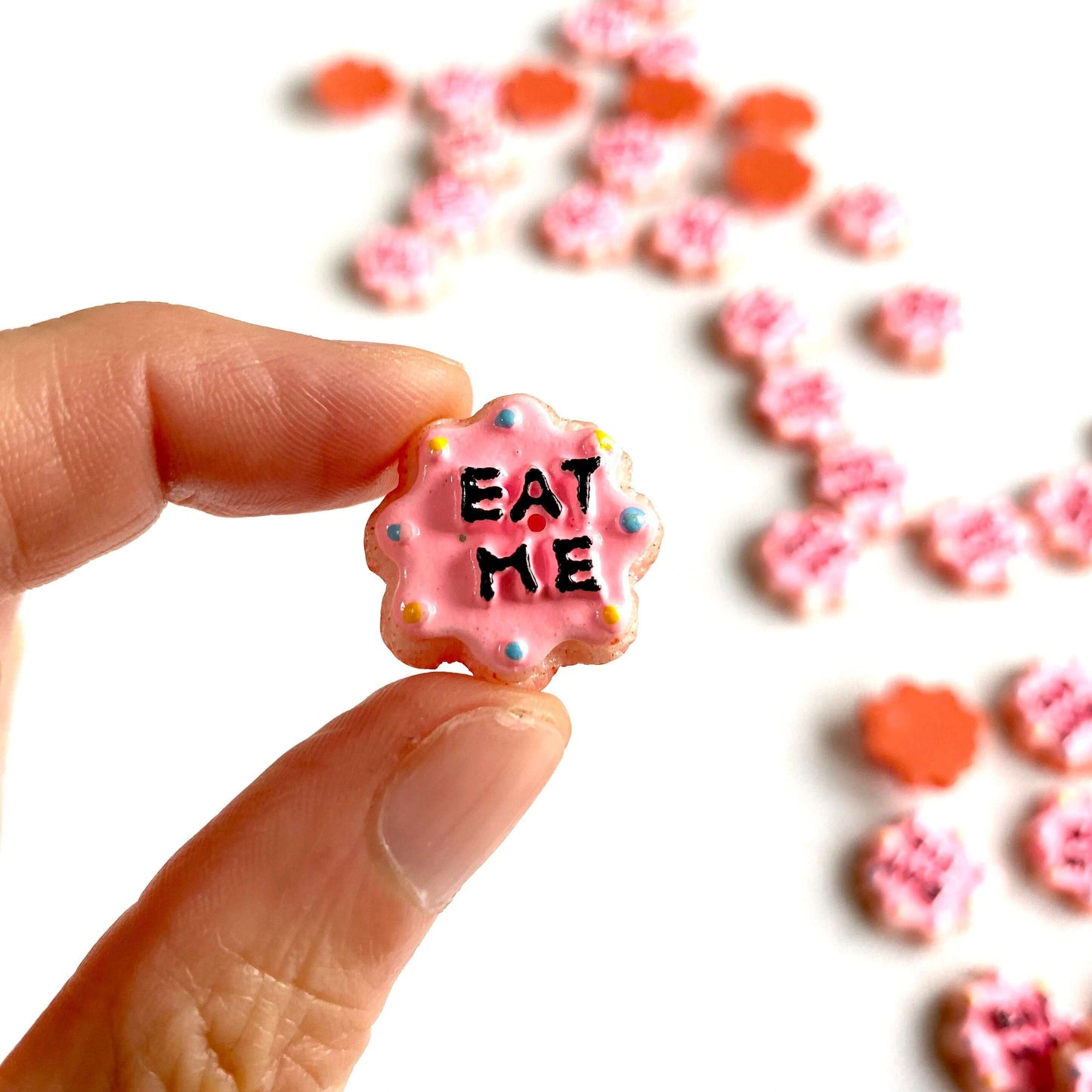 Miniature pink Eat me biscuits resin food - Blacksparrowuk