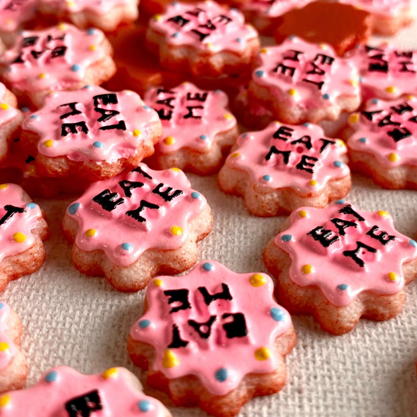 Miniature pink Eat me biscuits resin food - Blacksparrowuk
