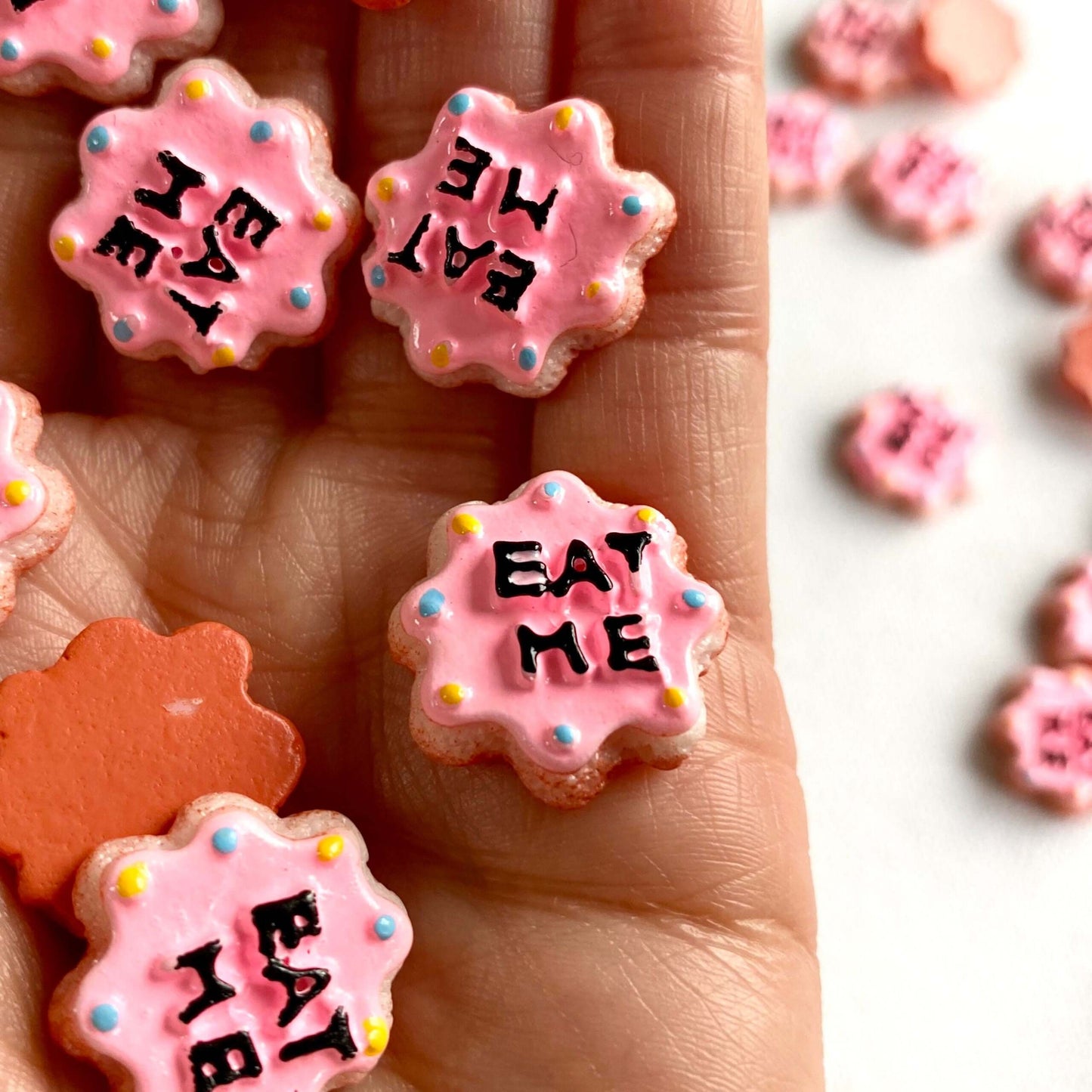 Miniature pink Eat me biscuits resin food - Blacksparrowuk