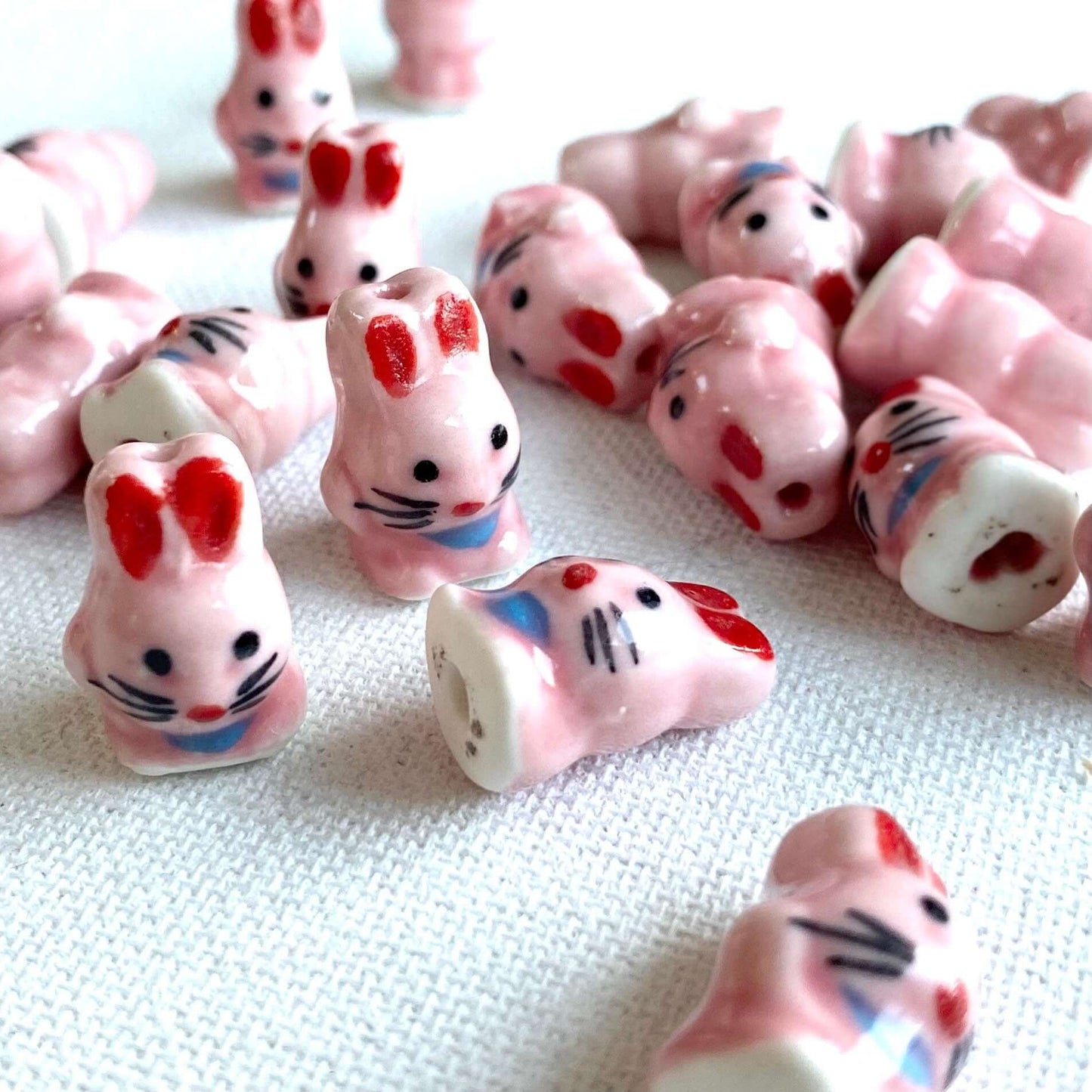 Cute pink Bunny beads porcelain Ceramic Rabbit charms - Blacksparrowuk