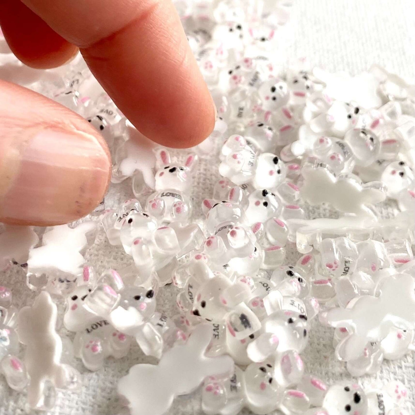 Tiny Rabbit Bunny charms Flat back resin Cabochon Clear white resin rabbits - Blacksparrowuk