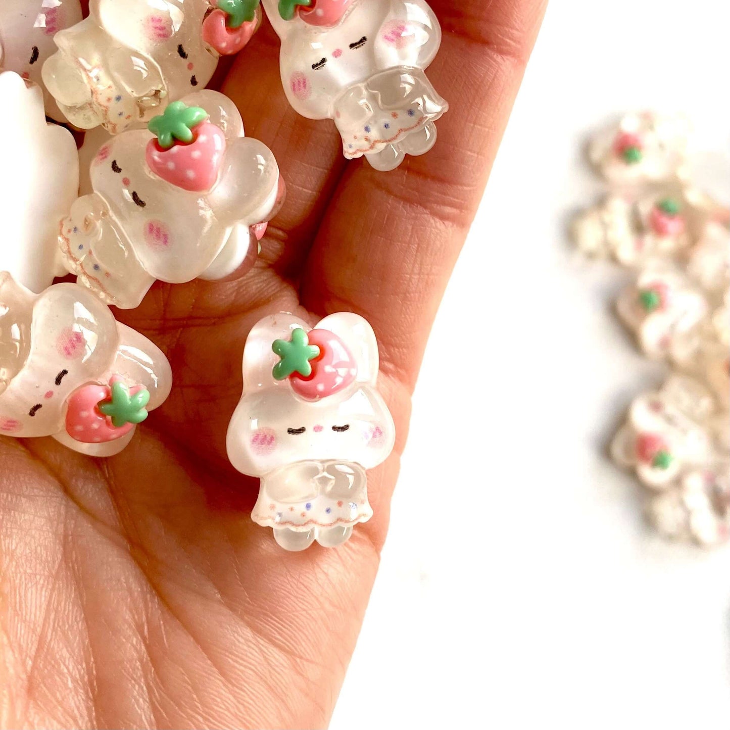 Cute Kawaii Bunny Rabbit charms Strawberry transparent resin - Blacksparrowuk