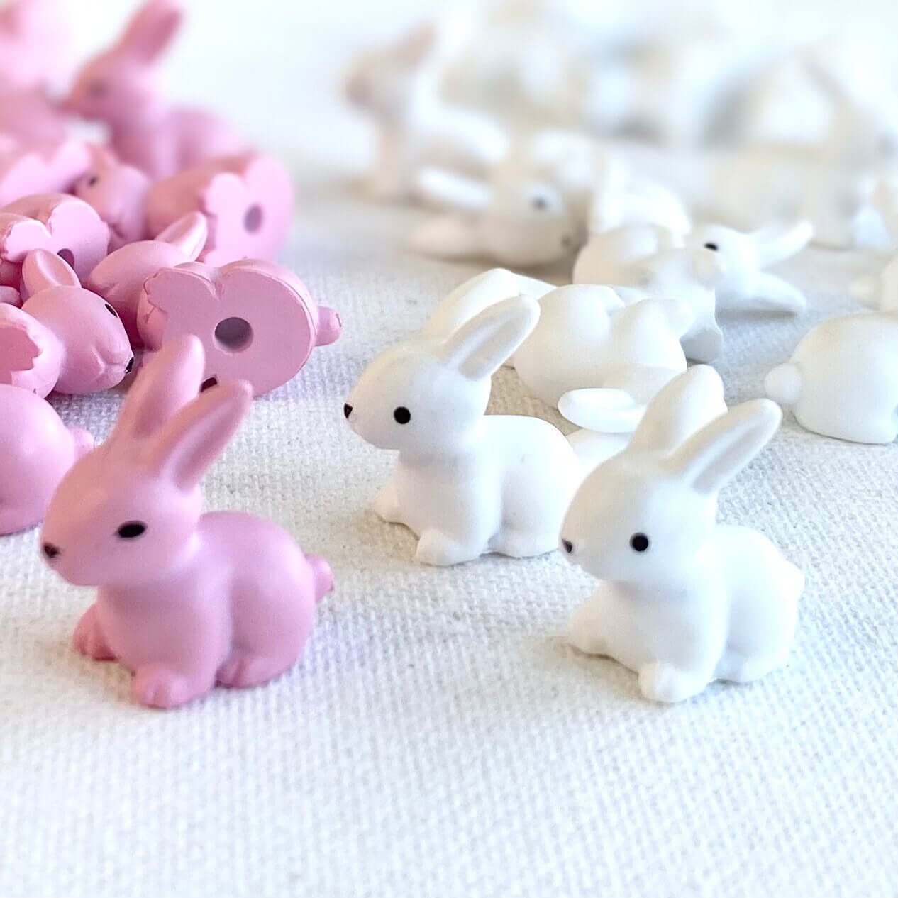 Tiny Bunny Rabbits White Pink resin figurines Miniature rabbit charms - Blacksparrowuk
