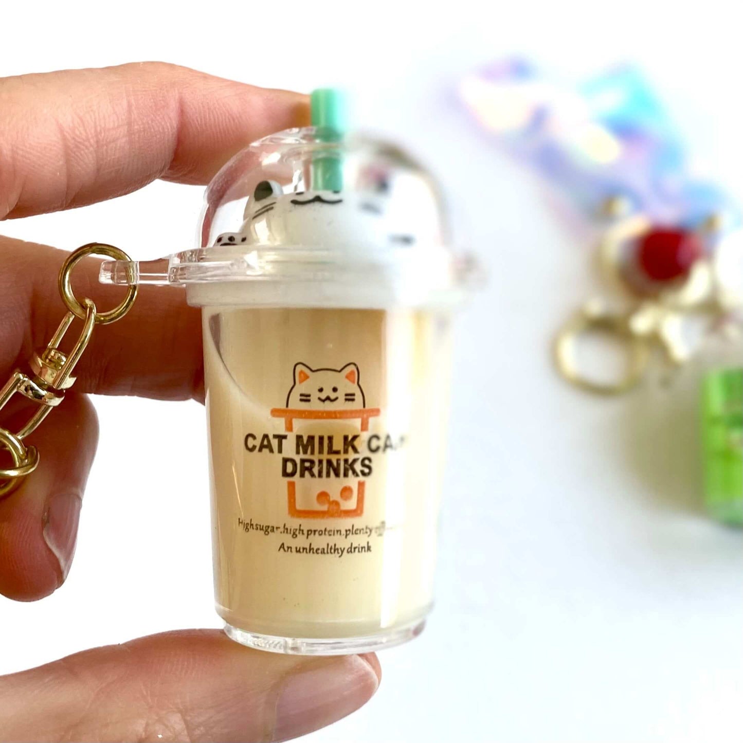 Boba keychain Milk tea Kawaii Kitty cat keyring Pearl Bubble tea - Blacksparrowuk