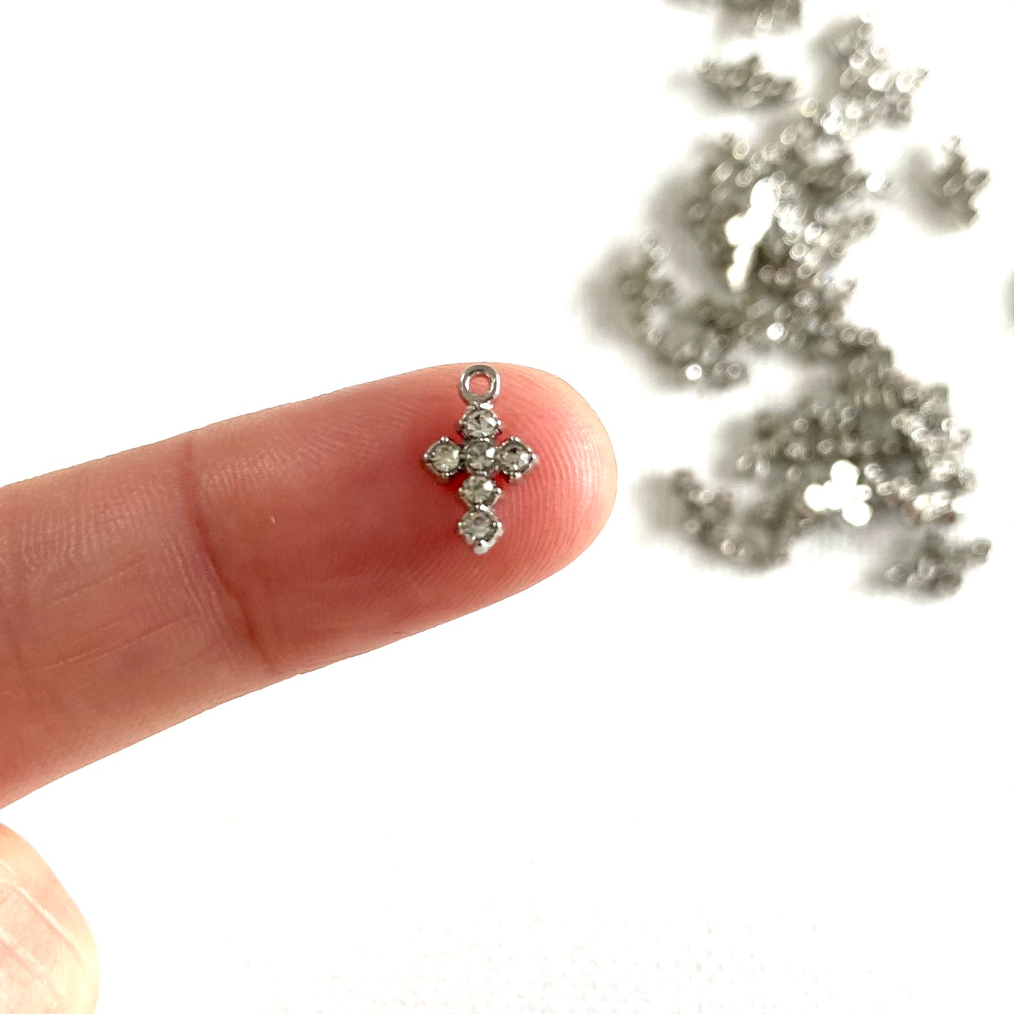 Tiny rhinestone Cross charms 6mm x 8mm Diamanté Silver Gold Miniature cross necklace earring charms - Blacksparrowuk