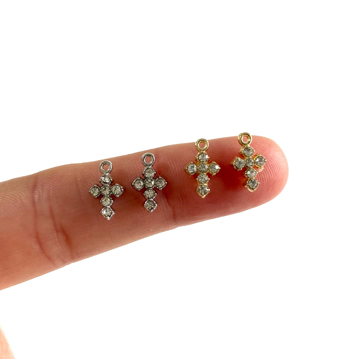 Tiny rhinestone Cross charms 6mm x 8mm Diamanté Silver Gold Miniature cross necklace earring charms - Blacksparrowuk