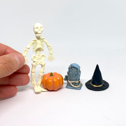 Set of 4 Halloween Miniatures Pumpkin Skeleton Witch hat and RIP gravestone