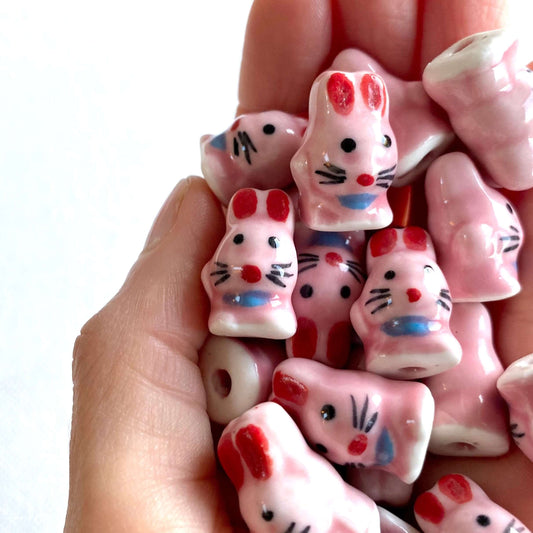 Cute pink Bunny beads porcelain Ceramic Rabbit charms - Blacksparrowuk