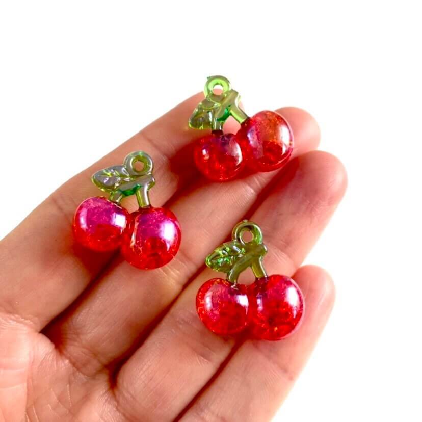 Cute cherry earring charms With hole pearlescent finish 20mm Fruit charms - Blacksparrowuk