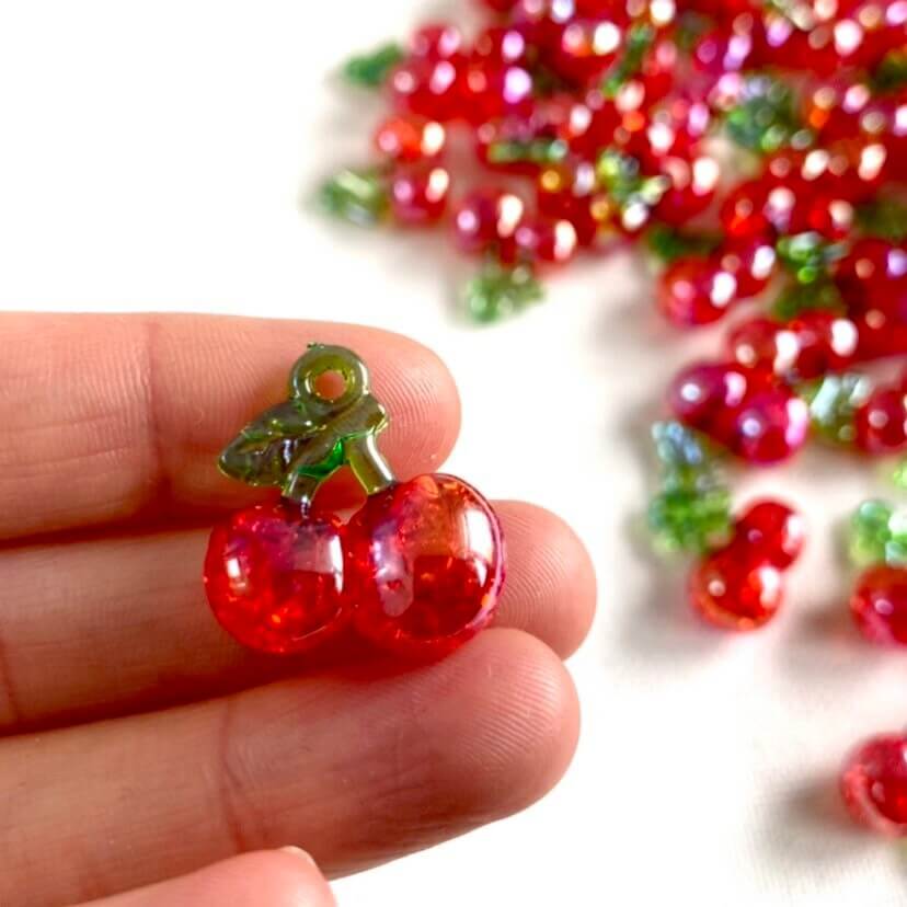 Cute cherry earring charms With hole pearlescent finish 20mm Fruit charms - Blacksparrowuk