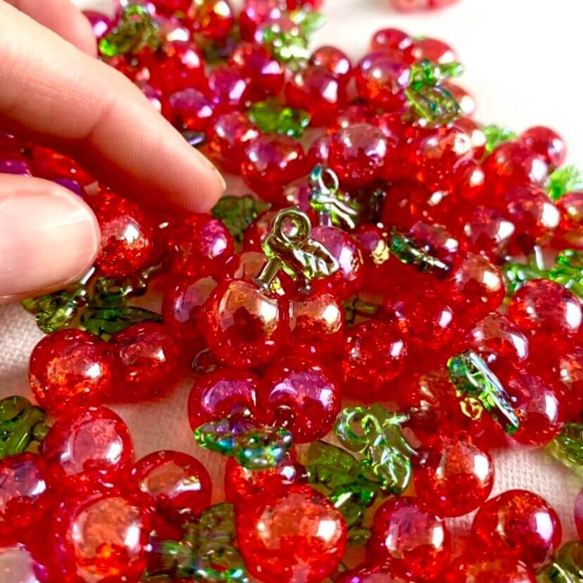 Cute cherry earring charms With hole pearlescent finish 20mm Fruit charms - Blacksparrowuk