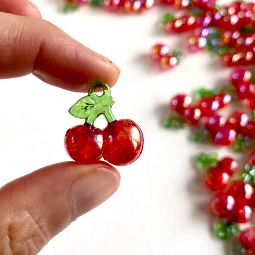 Cute cherry earring charms With hole pearlescent finish 20mm Fruit charms - Blacksparrowuk