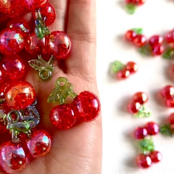 Cute cherry earring charms With hole pearlescent finish 20mm Fruit charms - Blacksparrowuk