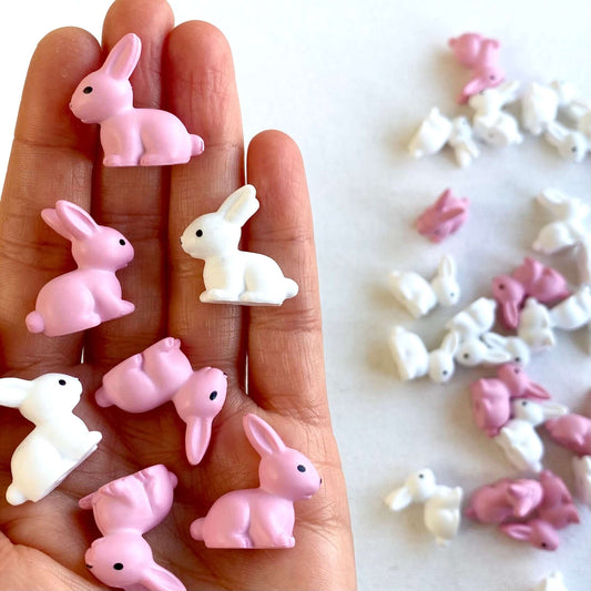 Tiny Bunny Rabbits White Pink resin figurines Miniature rabbit charms - Blacksparrowuk